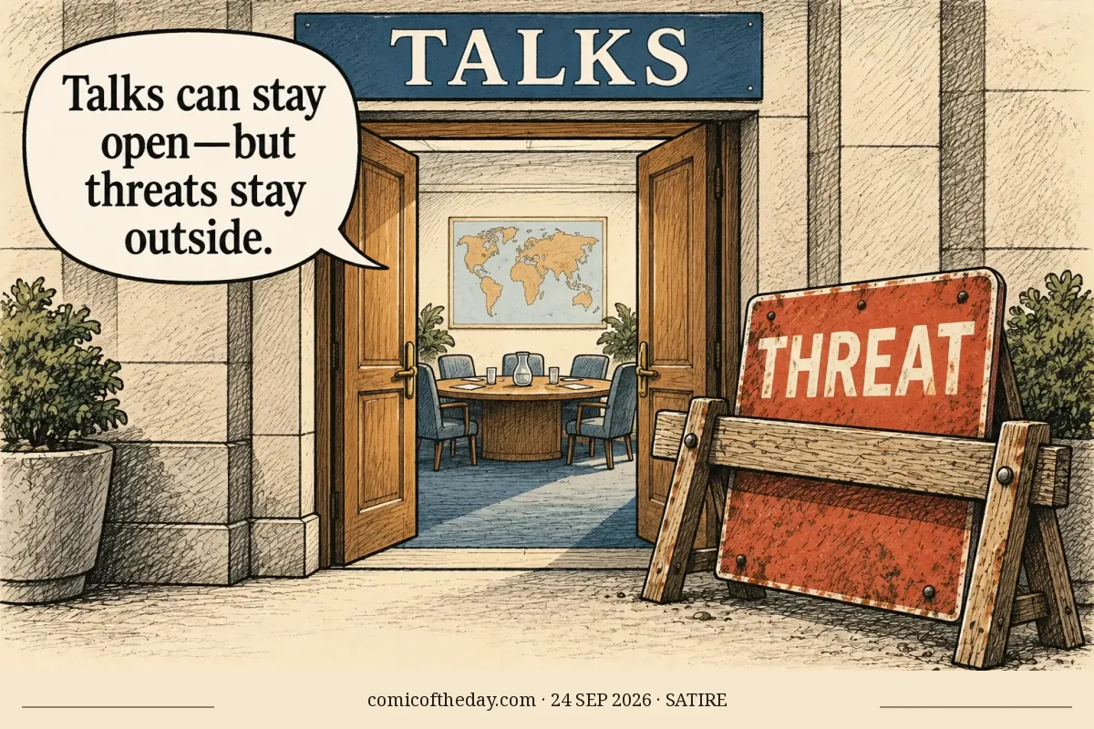 An open doorway marked “TALKS” leads to a meeting table. Outside, a wooden barrier holds back a sign marked “THREAT.” Fictional dialogue reads: “Talks can stay open—but threats stay outside.”