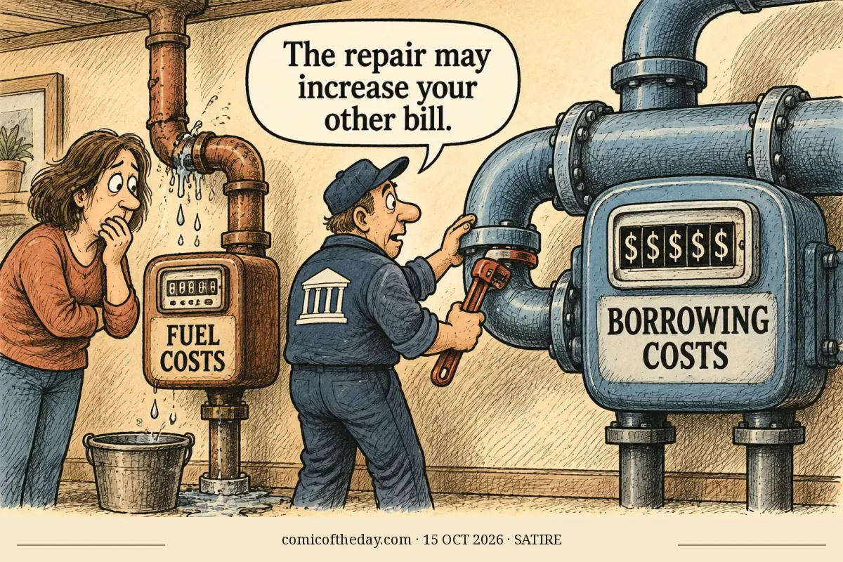A hand-drawn editorial cartoon shows a leaking household fuel pipe beside a worried woman and a repair technician in blue work clothes. The technician uses a wrench on a huge blue pipe connected to a meter labeled “BORROWING COSTS,” while the leaking pipe’s meter is labeled “FUEL COSTS.” A speech balloon says the repair may increase the other bill. The warm ivory scene uses brown outlines, crosshatching, muted blue and rust accents, and a centered footer.