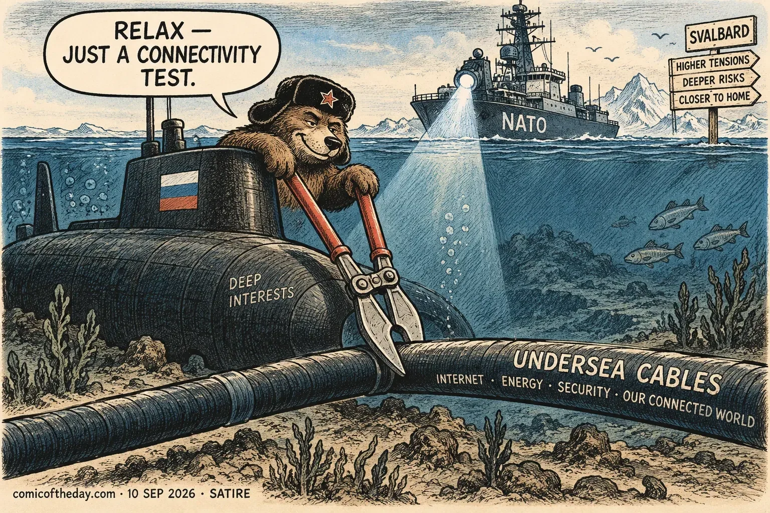 Vintage-style editorial cartoon of a Russian-marked submarine near Svalbard. A bear leans from the submarine holding giant bolt cutters over undersea cables while a NATO ship shines a searchlight onto the scene.