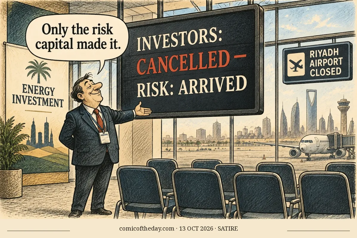 A warm, crosshatched editorial cartoon shows a suited conference host gesturing toward a large arrivals-style board. Empty chairs fill an energy investment pavilion. The board reads that investors are cancelled while risk has arrived. Through the windows are a Riyadh skyline, an airport sign indicating closure, and a passenger plane at a gate. A speech balloon delivers the punchline.