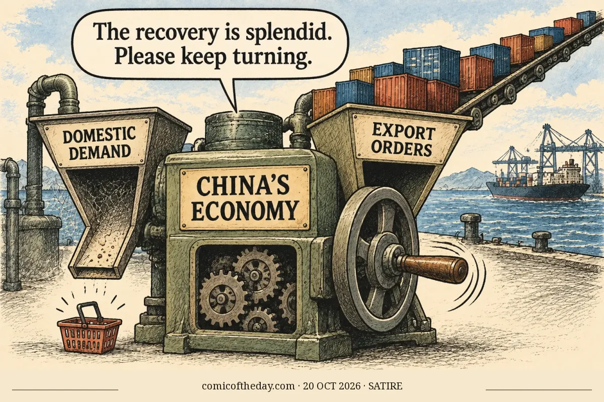 A crosshatched factory machine labeled “CHINA’S ECONOMY” stands between two hoppers. The nearly empty “DOMESTIC DEMAND” hopper drops nothing beside an abandoned shopping basket, while the “EXPORT ORDERS” hopper feeds blue and rust shipping containers onto a conveyor toward a harbor. A hand-crank turns on the machine, whose speech bubble says, “The recovery is splendid. Please keep turning.”