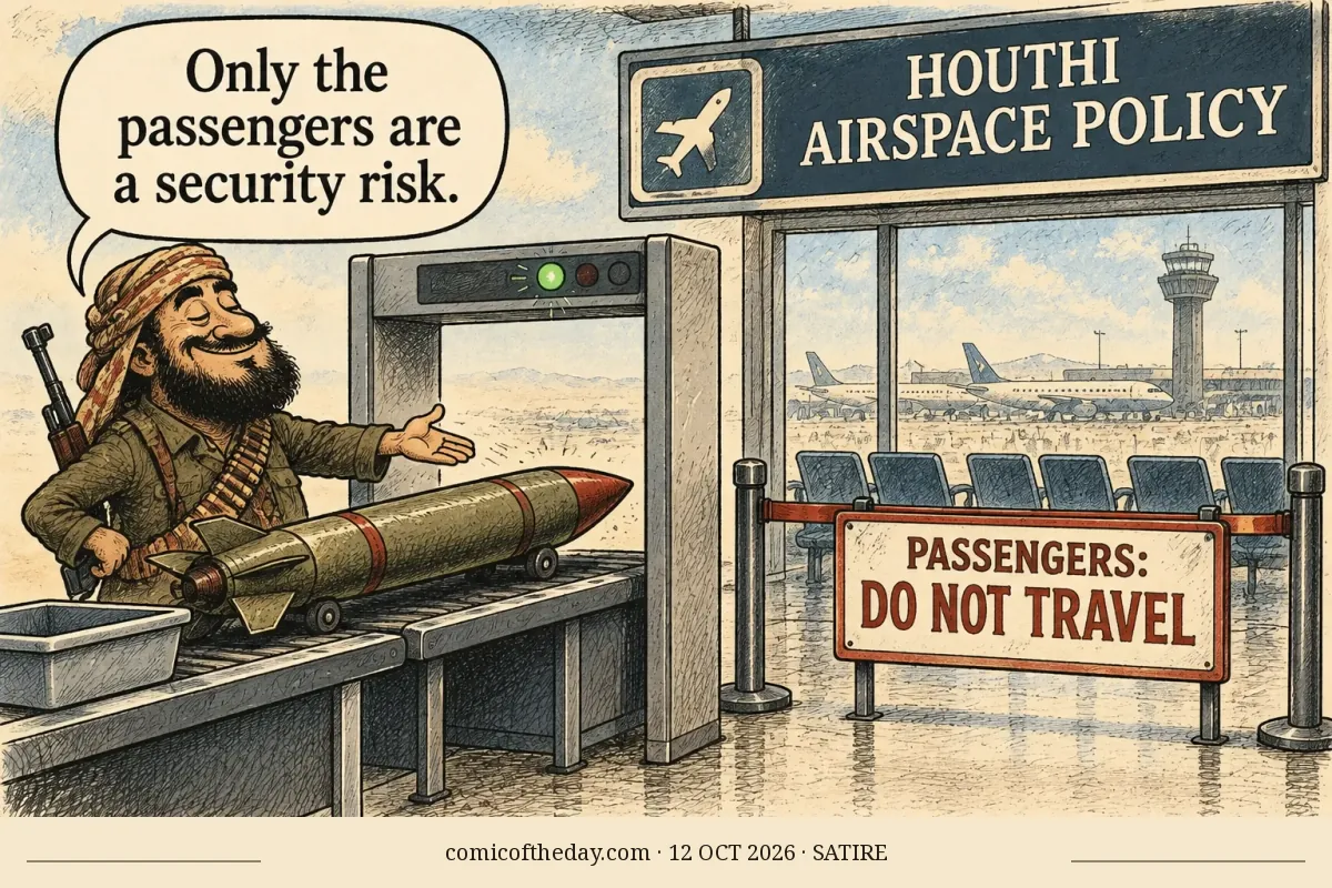 A hand-drawn airport security checkpoint shows a bearded armed Houthi official placing a large missile on the conveyor belt beneath a sign reading “HOUTHI AIRSPACE POLICY.” An empty boarding area and aircraft are visible beyond a barrier marked “PASSENGERS: DO NOT TRAVEL.” The official says, “Only the passengers are a security risk.” A centered footer reads “comicoftheday.com · 12 OCT 2026 · SATIRE.”