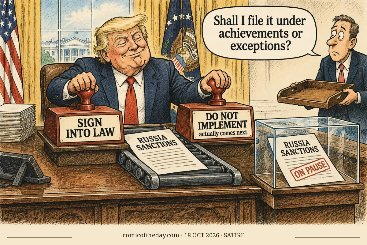 A crosshatched editorial cartoon shows Donald Trump at a desk operating two rubber stamps over a document labeled “RUSSIA SANCTIONS.” One stamp reads “SIGN INTO LAW,” and the other reads “DO NOT IMPLEMENT actually comes next.” The document travels on a conveyor belt into a glass case, where another copy is marked “ON PAUSE.” A concerned aide holds an empty tray and asks a question in a speech balloon. American flags and a White House view appear in the background.
