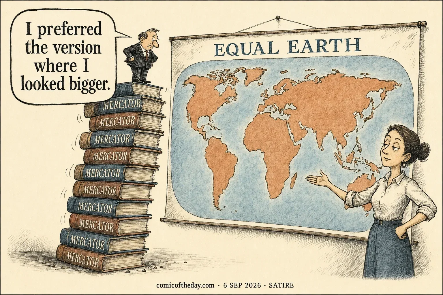 An anxious fictional diplomat balances on a tall stack of Mercator atlases beside a cartographer presenting a stylized Equal Earth world map with Africa prominently shown.