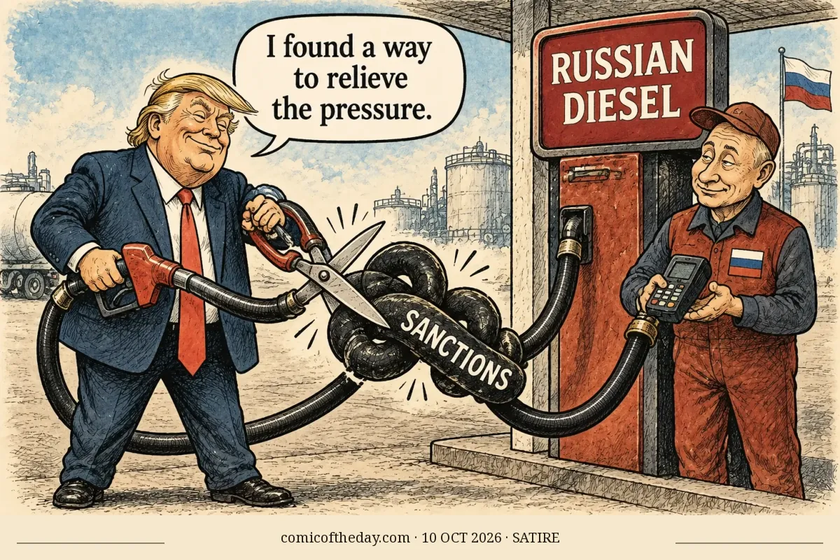 A hand-drawn editorial cartoon shows caricatures of Donald Trump and Vladimir Putin at a Russian diesel pump. Trump holds a fuel nozzle and oversized scissors, cutting a hose tied into a large knot marked “SANCTIONS.” Putin, dressed as a pump attendant with a Russian flag patch, holds a payment terminal. An industrial refinery fills the background.