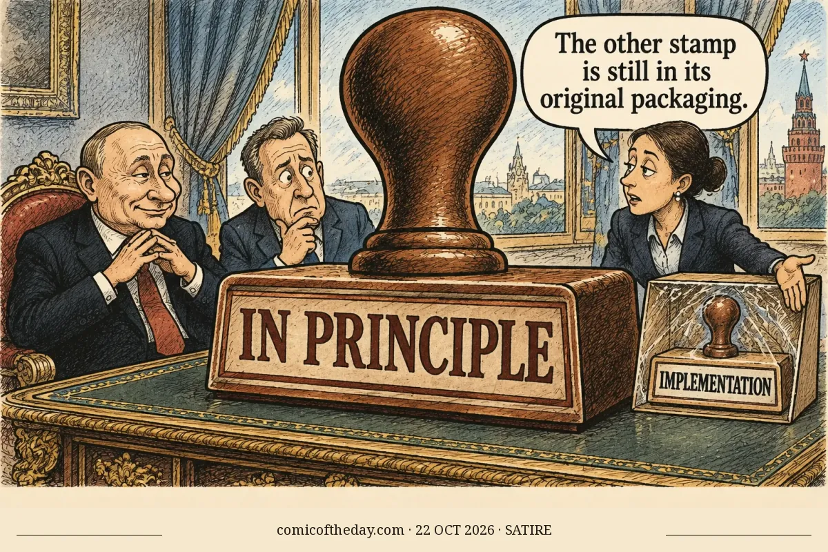 In an ornate diplomatic office, two suited men sit behind a desk beside an enormous wooden rubber stamp labeled “IN PRINCIPLE.” Its oversized handle blocks a much smaller boxed stamp labeled “IMPLEMENTATION.” A female clerk gestures toward the smaller stamp while a speech balloon says, “The other stamp is still in its original packaging.” A Kremlin tower is visible through the window.