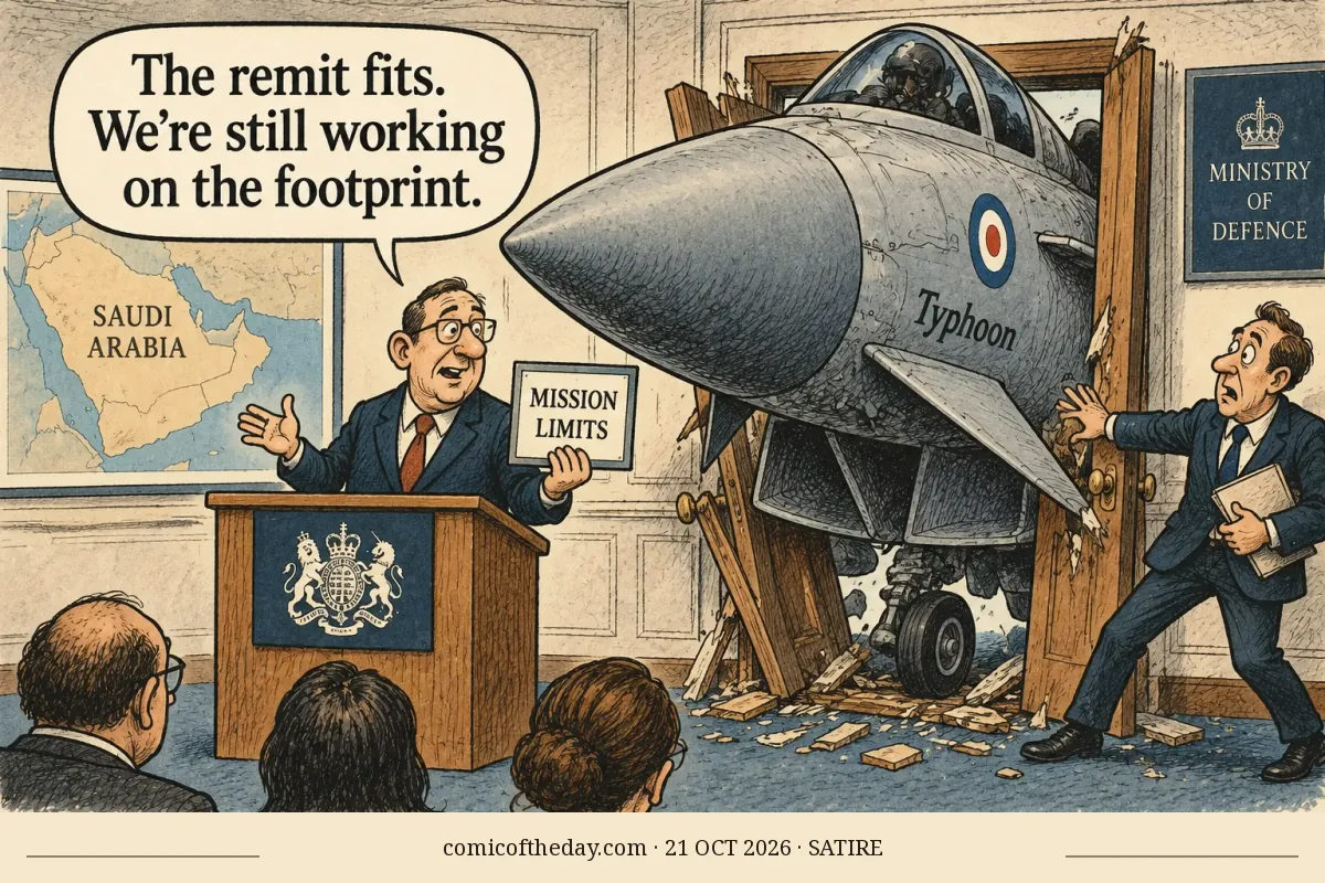 A hand-drawn editorial cartoon shows a British defence briefing room with a large RAF Typhoon fighter bursting through the doorway, splintering the frame. A suited official at a lectern holds a card reading “MISSION LIMITS” and says the remit fits while they are still working on the footprint. Another official gestures anxiously beside the wrecked doorway. A map marked Saudi Arabia hangs behind the speaker, and a Ministry of Defence sign is on the wall.