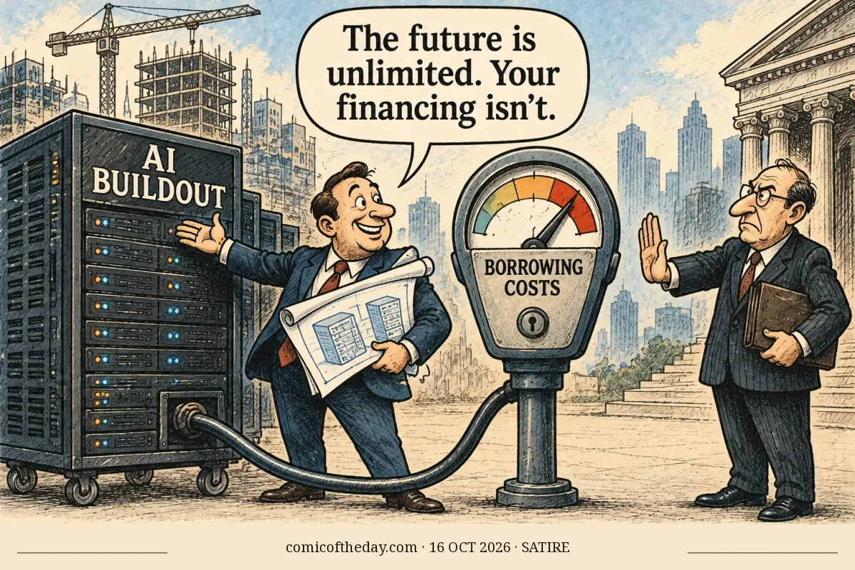 A newspaper-style cartoon shows a wheeled server cabinet labeled “AI BUILDOUT” connected by a thick cable to a large parking-meter-shaped gauge labeled “BORROWING COSTS.” A smiling executive presents a blueprint beside the server while a stern banker raises a stopping hand. The gauge needle points into the rust-colored high-cost zone. A city skyline and classical building appear in the background.