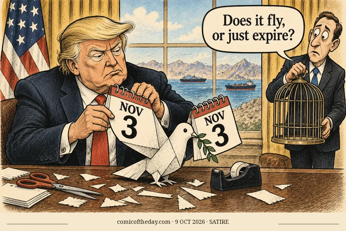 A hand-drawn editorial cartoon shows Donald Trump at a desk attaching two calendar pages marked “NOV 3” as wings to a paper dove. A suited aide holds an empty birdcage and looks worried. Scissors, paper scraps and a tape dispenser clutter the desk. An American flag and a window overlooking mountains, water and ships fill the background. The speech bubble asks, “Does it fly, or just expire?”