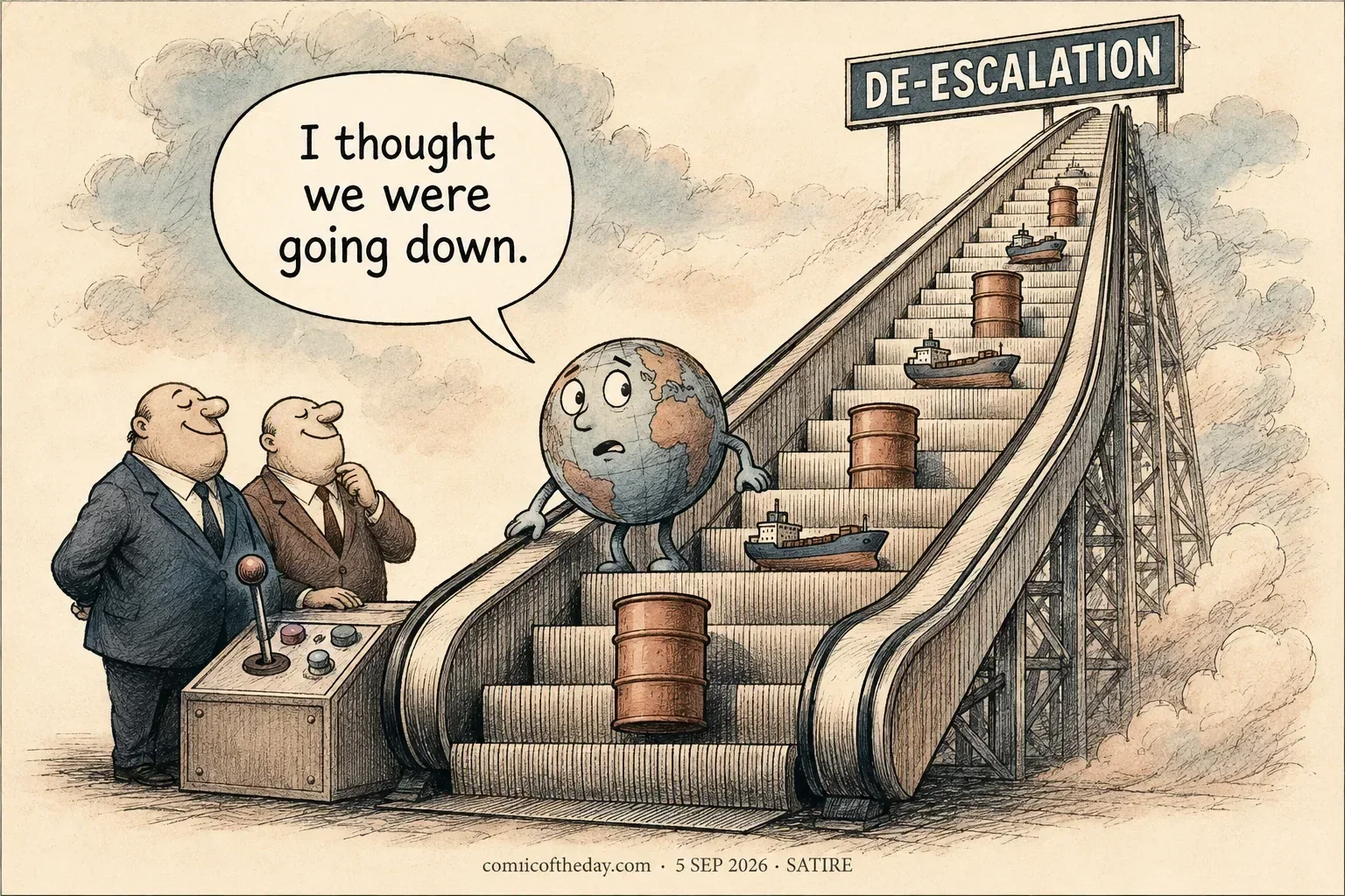 A worried globe rides an upward escalator with oil barrels and small ships while two fictional officials stand at its controls beneath a DE-ESCALATION sign.