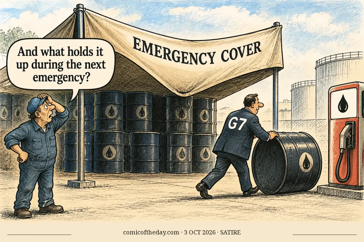 A hand-drawn editorial cartoon shows a fuel-storage yard with stacked oil drums beneath a sagging canvas canopy labeled “EMERGENCY COVER.” A worker in blue looks worried while a suited figure labeled “G7” rolls one oil drum toward a fuel pump. The worker asks, “And what holds it up during the next emergency?” The footer reads “comicoftheday.com · 3 OCT 2026 · SATIRE.”