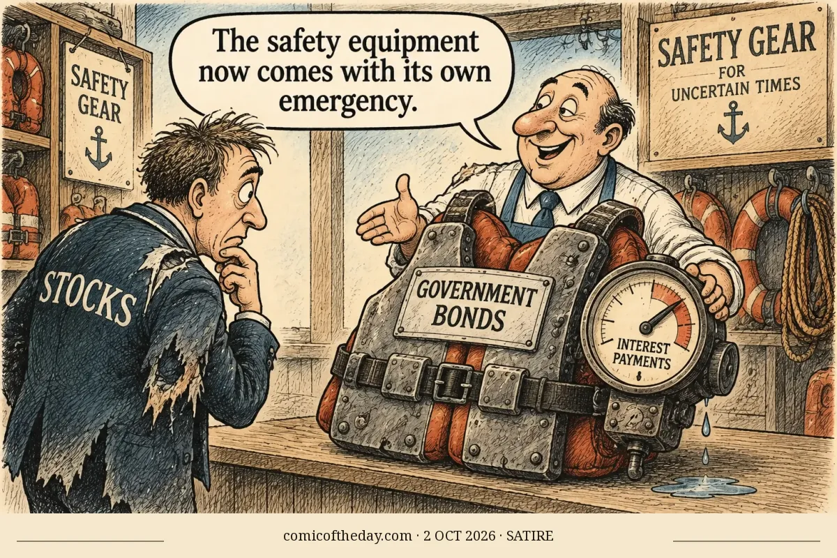 A hand-drawn editorial cartoon shows a financial safety-equipment shop. A worried customer in a ragged vest marked STOCKS examines a heavy, iron-plated life jacket labeled GOVERNMENT BONDS. The jacket has a large gauge labeled INTEREST PAYMENTS, with a drip falling onto the counter. A smiling shopkeeper gestures toward it while a speech balloon says the safety equipment comes with its own emergency. Shelves and signs display safety gear in the warm, crosshatched shop.