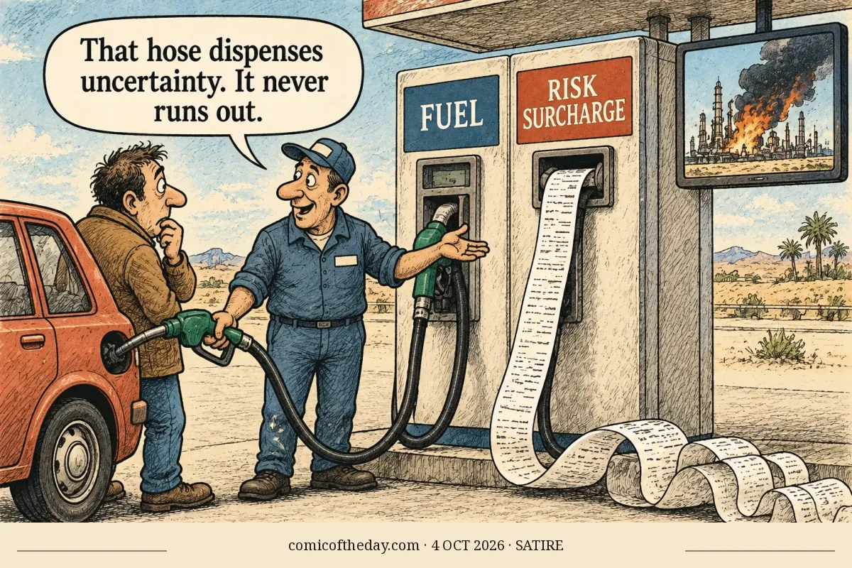 A hand-drawn petrol station scene shows a customer beside an orange car while an attendant holds a fuel hose and gestures toward a second pump dispensing an absurdly long paper receipt. A television above the pumps shows an oil facility burning, without attribution. The warm ivory, blue, rust and ochre artwork uses dark ink outlines and crosshatching.