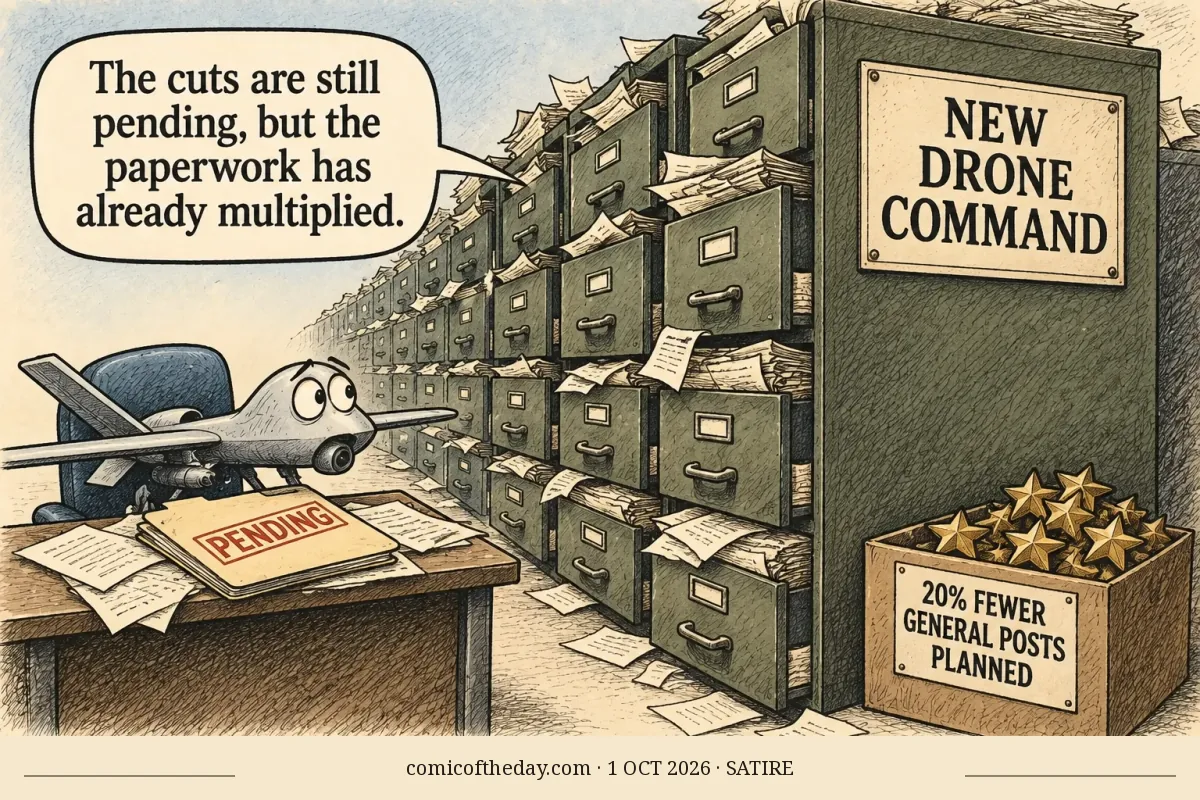 A hand-drawn editorial cartoon shows an anthropomorphic toy-like drone sitting at a desk covered with paperwork and a folder marked PENDING. Behind it, a long wall of overflowing filing cabinets bears a large NEW DRONE COMMAND sign. A box of gold military stars sits at right with a label about planned reductions in general posts. The drone’s speech balloon comments on pending cuts and multiplying paperwork. The palette uses warm ivory, olive, dusty blue and rust with dense pen crosshatching.
