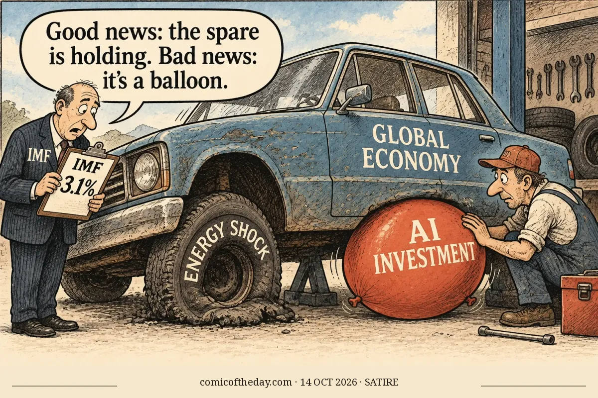 A hand-drawn editorial cartoon shows a battered dusty-blue car labeled “GLOBAL ECONOMY” in a repair garage. Its flat front tire is labeled “ENERGY SHOCK,” while a large rust-red balloon labeled “AI INVESTMENT” sits beside the car as an improvised spare. An inspector marked “IMF” holds a clipboard showing “3.1%,” and a mechanic steadies the balloon. A speech balloon delivers the joke about the spare being a balloon. Tools, tires and crosshatched garage details fill the background.