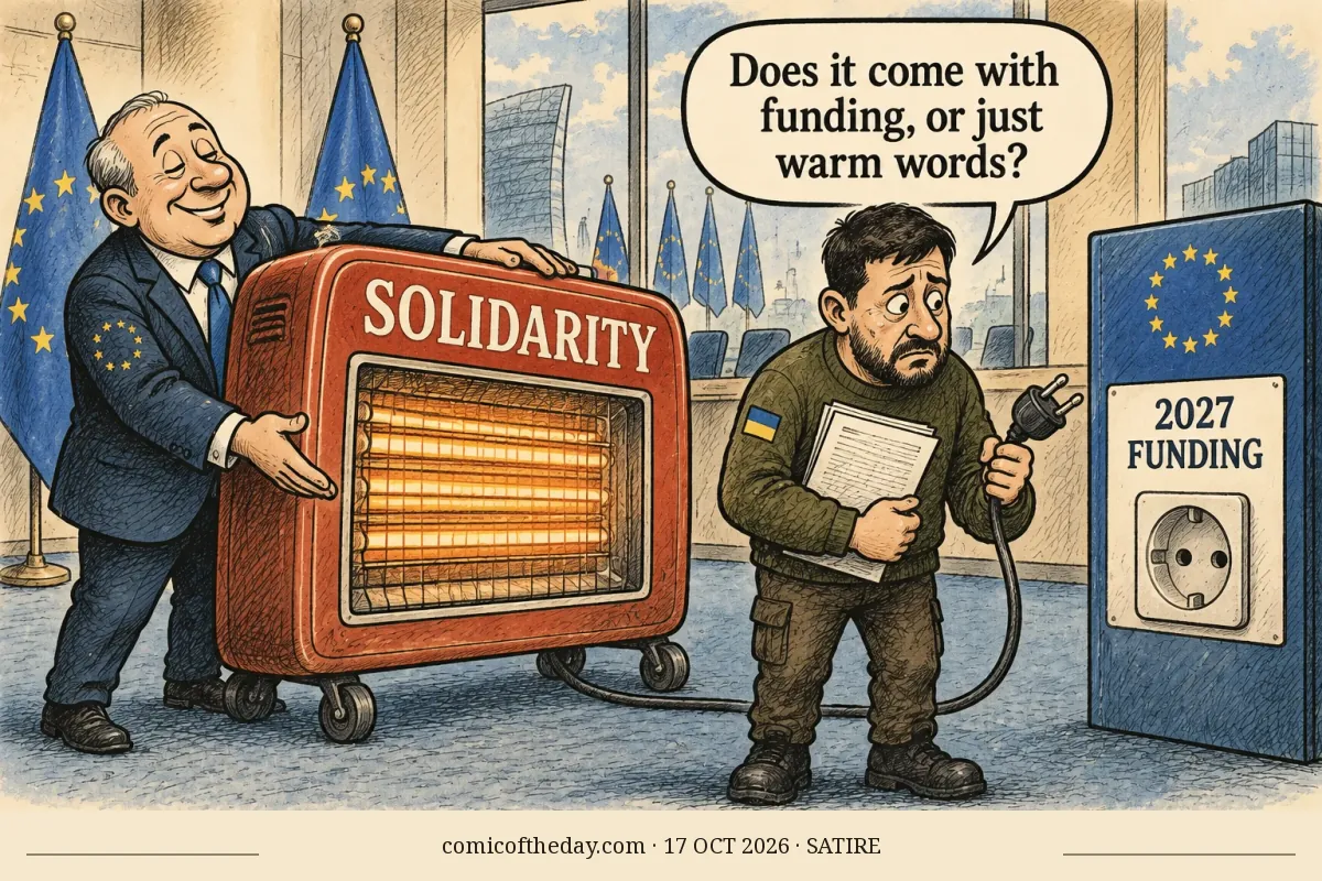 A hand-drawn editorial cartoon in an EU summit room shows a smiling suited European official presenting a large rust-colored electric heater labeled “SOLIDARITY.” Its cord lies unplugged beside a blue budget folder labeled “2027 FUNDING.” A worried, bearded Ukrainian official holding papers looks at the plug. EU flags and a conference room fill the background.