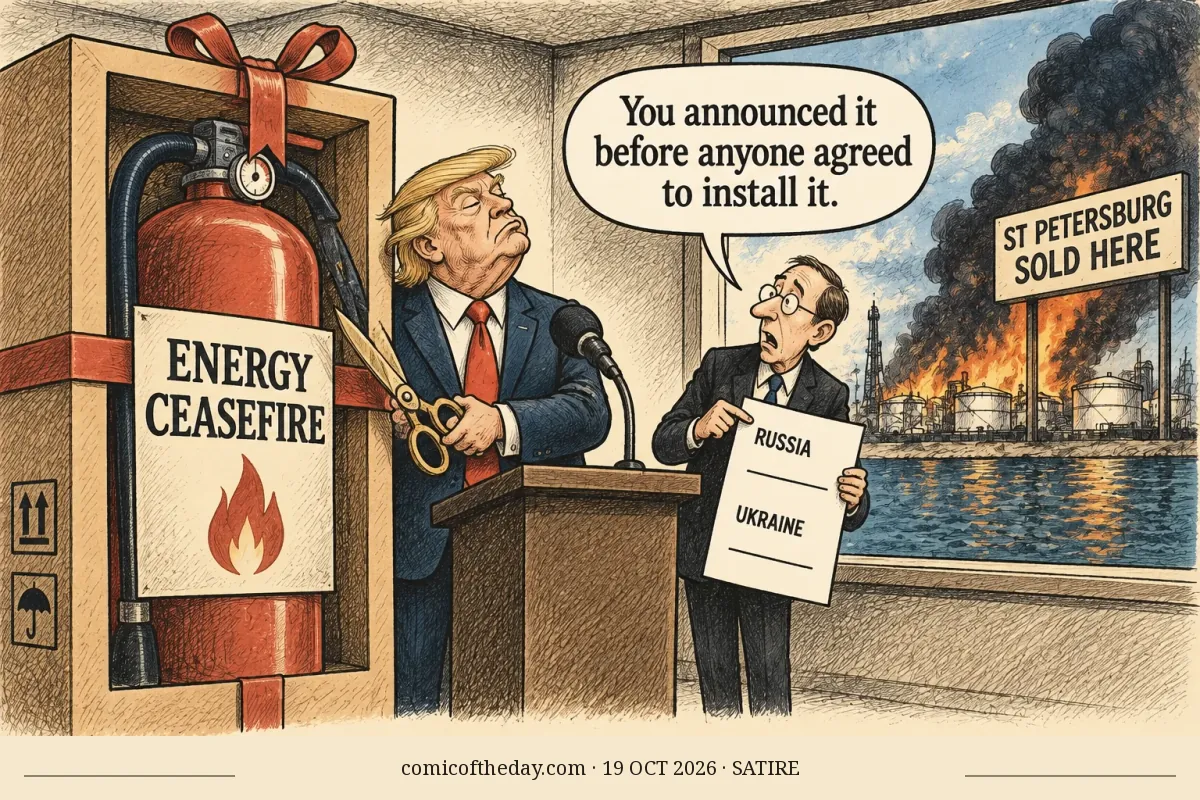 A hand-drawn editorial cartoon shows Donald Trump cutting a ribbon beside a giant boxed fire extinguisher labeled “ENERGY CEASEFIRE.” An aide holds an unsigned sheet with lines labeled RUSSIA and UKRAINE and says, “You announced it before anyone agreed to install it.” Through a window, an oil terminal burns beside a sign reading “ST PETERSBURG SOLD HERE.” The image uses warm paper tones, crosshatched black and brown outlines, muted blue water, and rust accents.